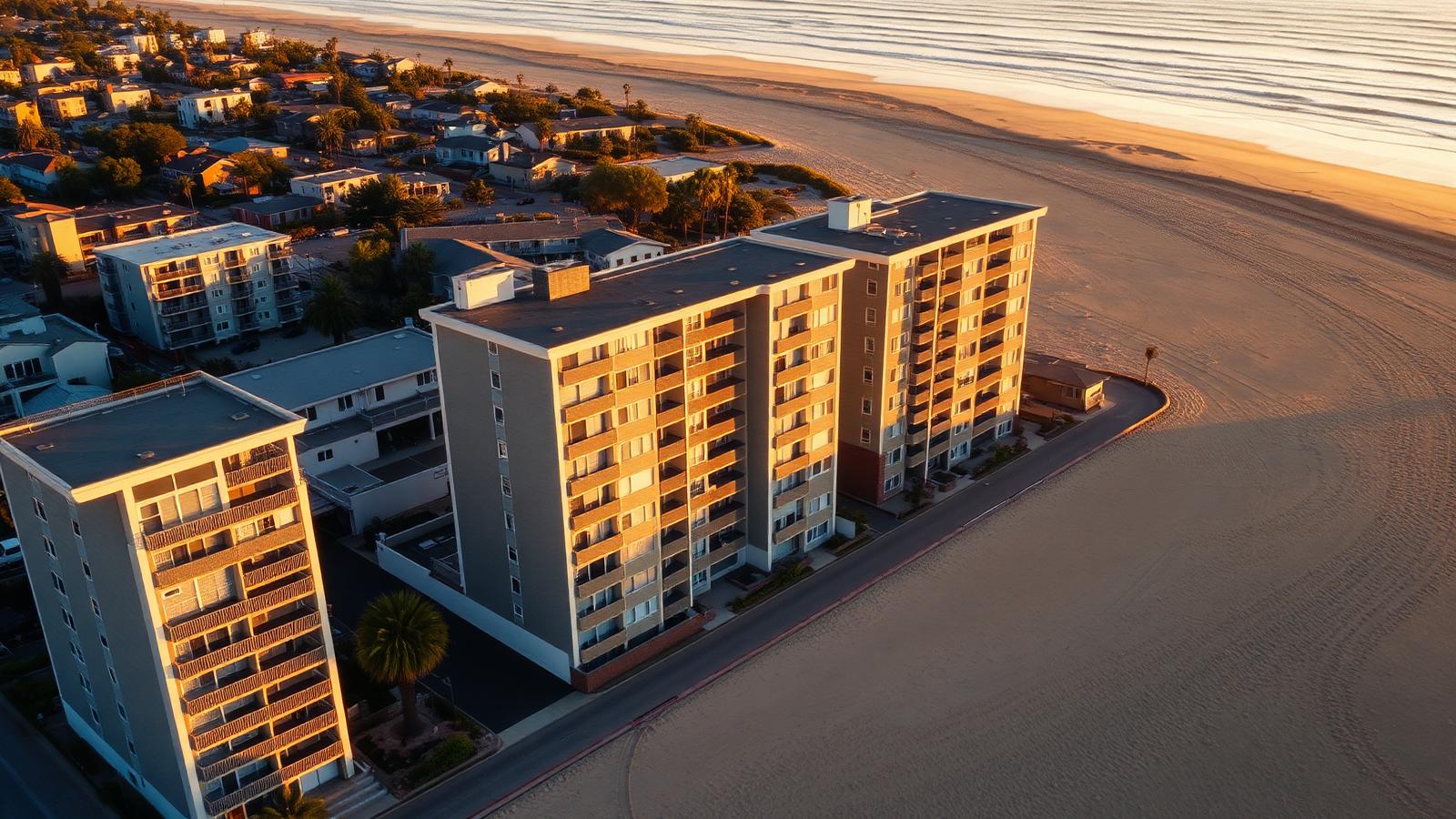 Aerial view of beachfront apartment buildings at golden hour in the South Bay