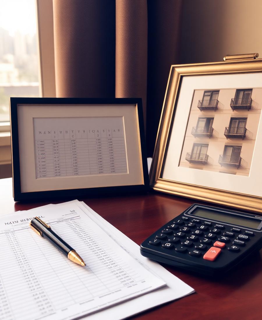 A broker's desk with a rent roll, pen, and calculator in warm window light