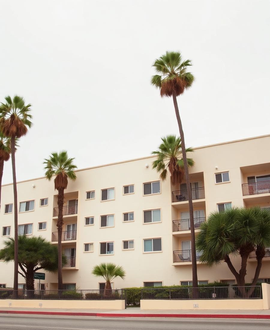 Classic Los Angeles dingbat apartment building with palm trees under soft light