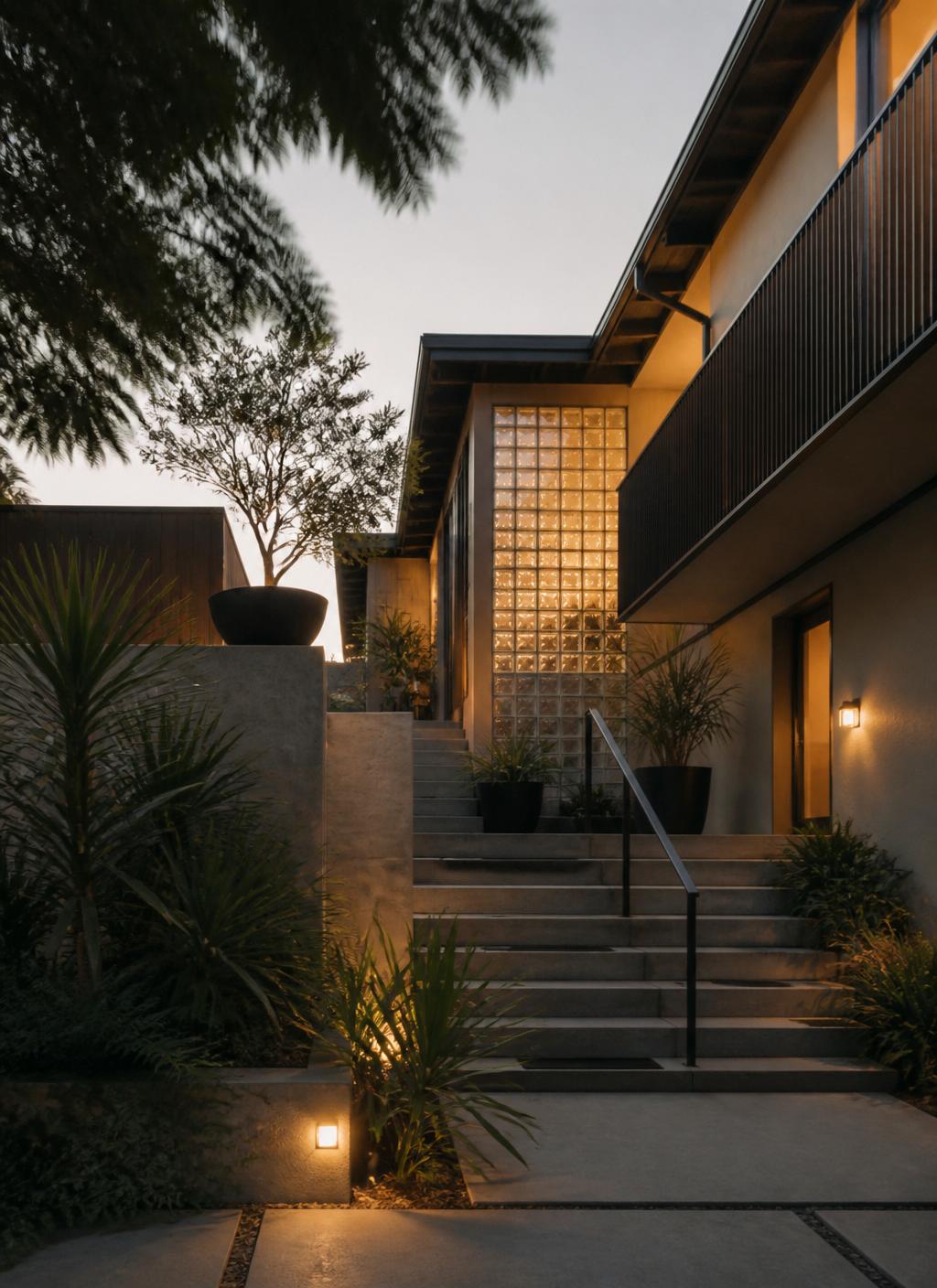 Modern South Bay multifamily courtyard at dusk with palm trees